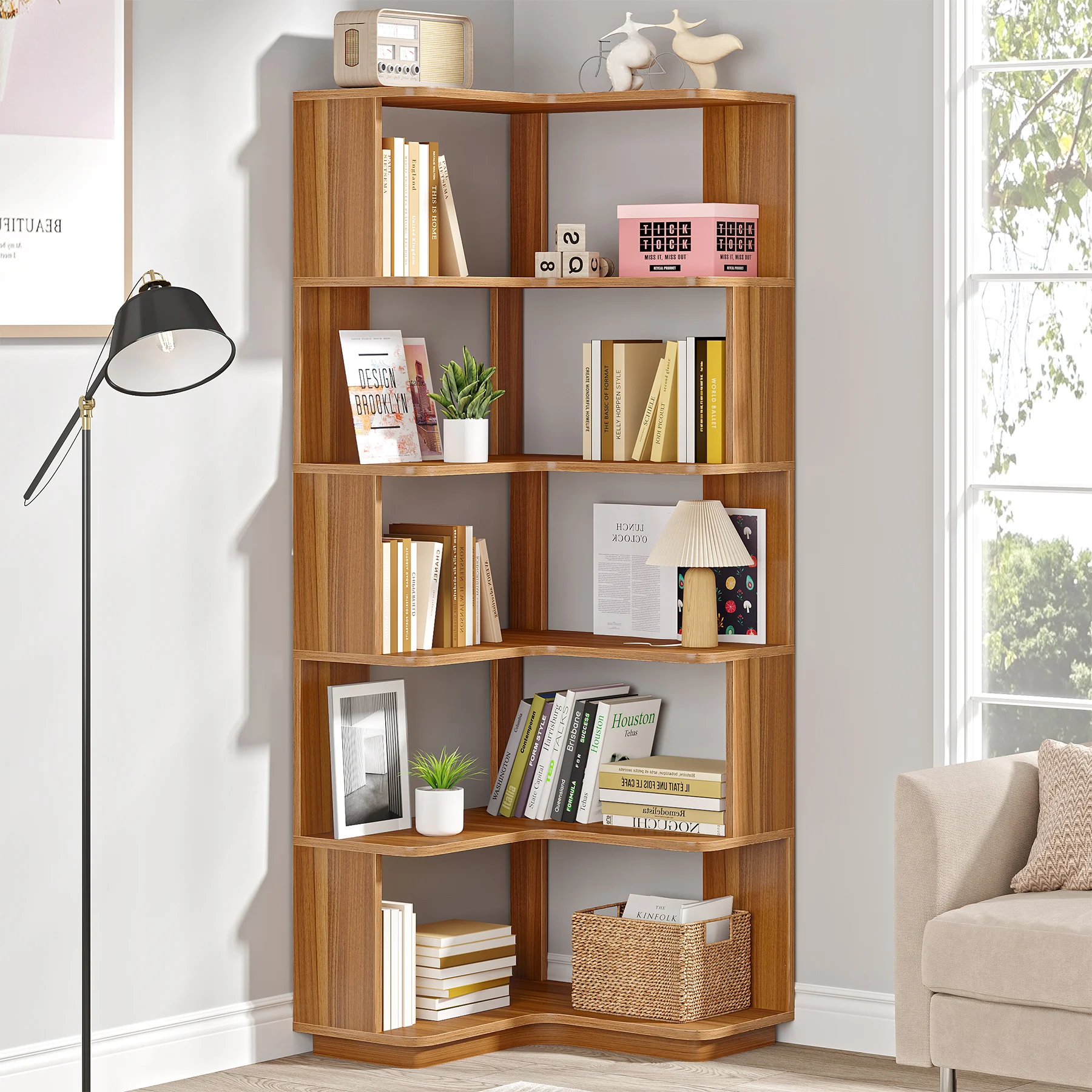 

Tribesigns 6 Tier Corner Bookshelf, 64.96 Inch Tall Industrial Corner Bookcase with Anti-Drop Panel,Wood Grain Corner Shelf
