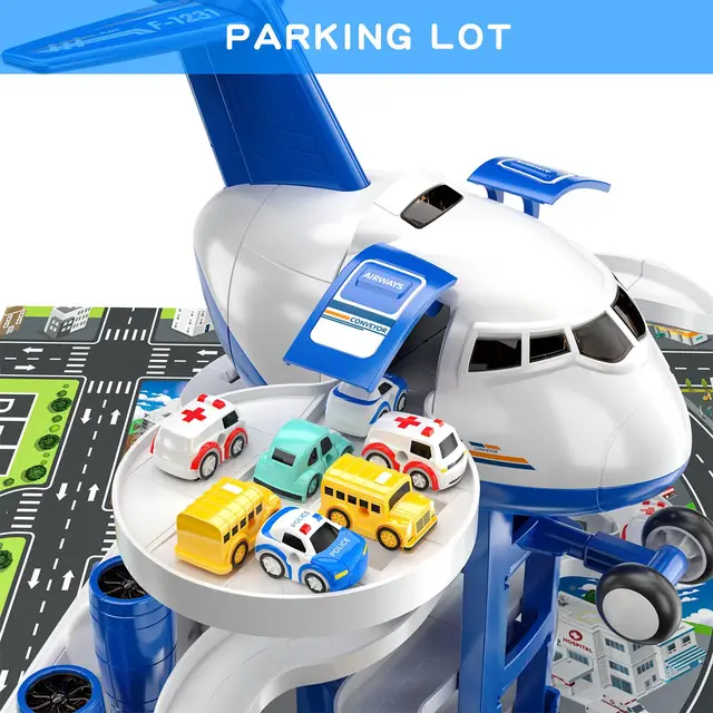 Children's 2-in-1 Transforming Aircraft Track Toy Car with Storage Garage Parking Game Set Includes 14 Road Signs 4 City Engines 2