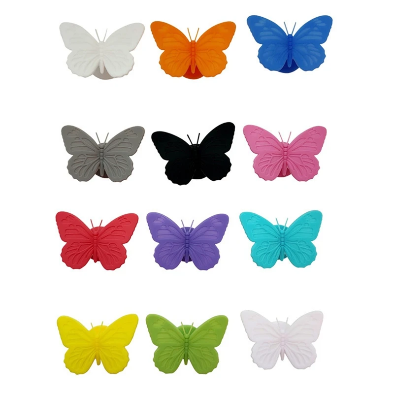 12Pieces Silicone Wine Glass Charms, 12 Color Reusable Drink Markers, Multi Colored Butterfly Tags Wine Glass Identifier