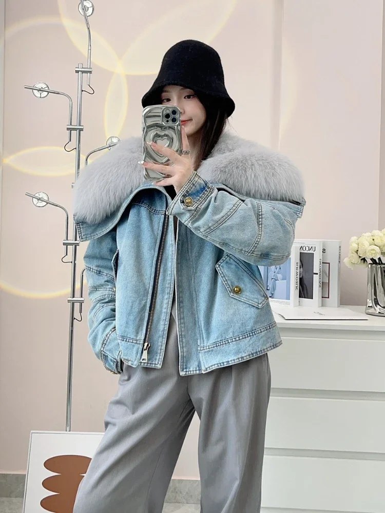 

Fur Coat for Women Winter New Big Fur Collar Fox Fur Warm Thickened Washed Denim Fabric Short Goose Feather Liner Parka Jacket