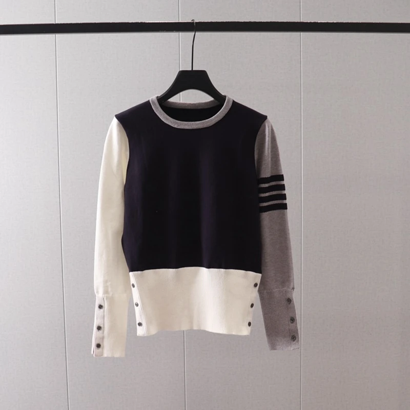 

Autumn and Winter New Casual Style Sleeves Colored Stripe Round Neck Pullover Long Sleeve Knitwear Bottom Sweater