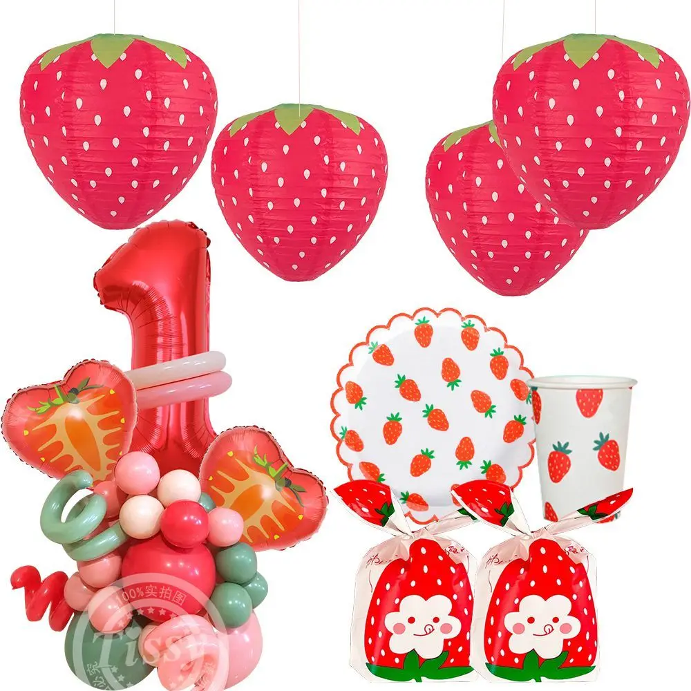 

1set Strawberry Disposable Tableware With Strawberry Balloon Tower Paper for Kids Summer Fruit Birthday Party Decoration Supply
