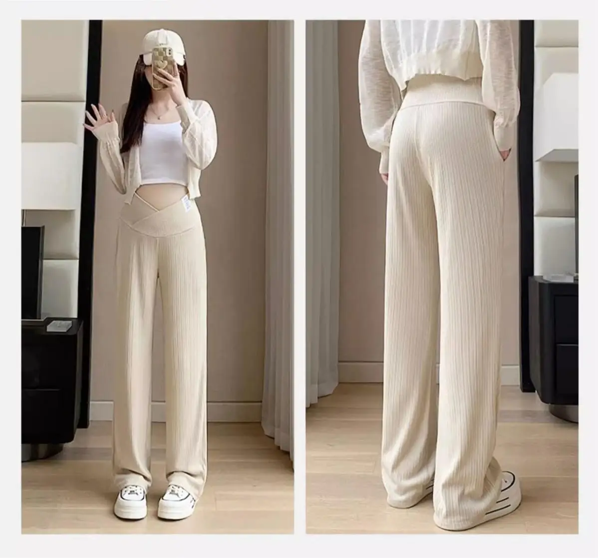 Pregnant Women Summer Thin Wide Leg Pants Loose Maternity Abdomen High Waist Trousers Pregnancy Full Length Belly Pants 3