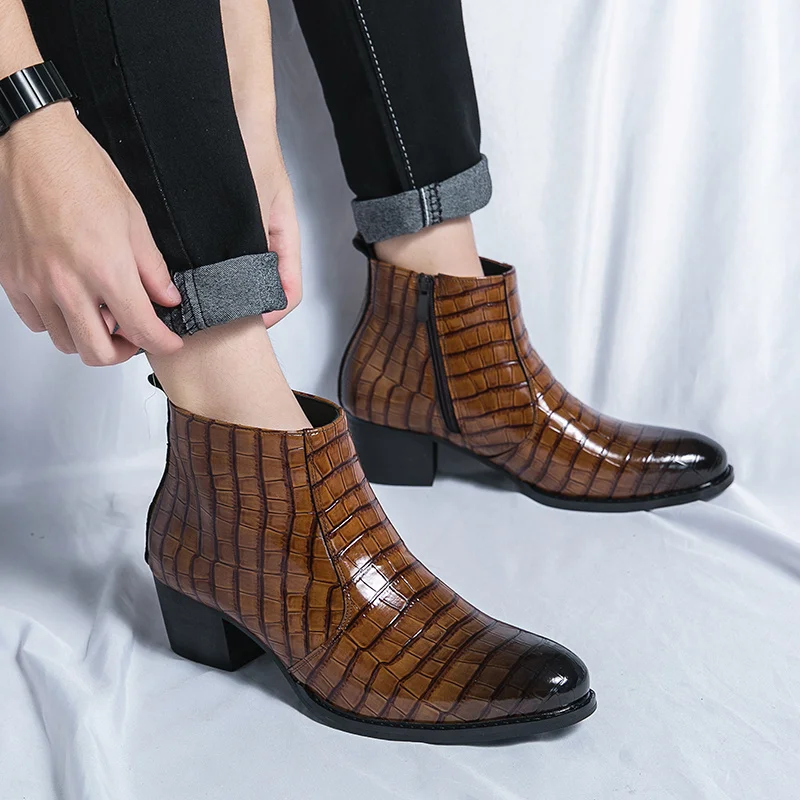 Leather High Heeled Boots Men Fashion Mens Chelsea Formal Shoes Business Casual Ankle Boot Men Dress High Heel Shoe