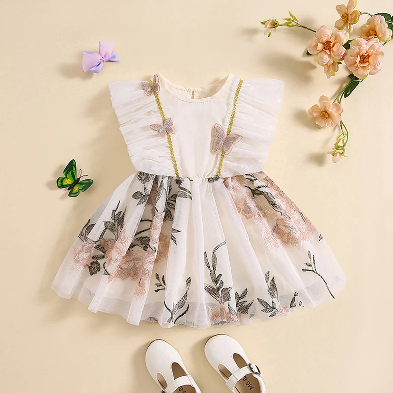 

Baby Girl Tulle Dress Ruffle Sleeveless Round Neck Floral Embroidery Tutu Dress Toddler Summer Dress