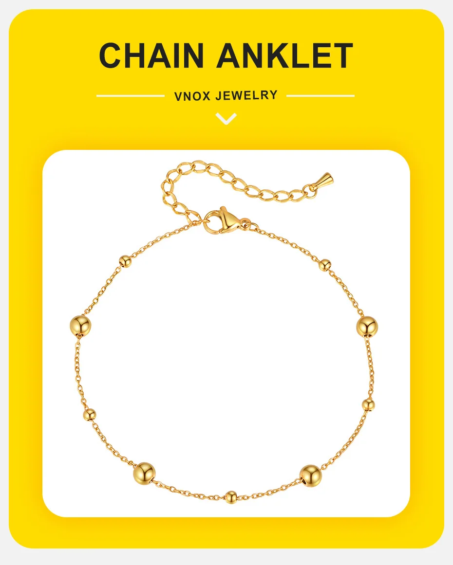Vnox Edelstahl-Fußkettchen mit kleinen Perlen, schlichte goldfarbene 21–26 cm verstellbare Kettenfußarmband, Modeschmuck-Geschenke – Detail 1