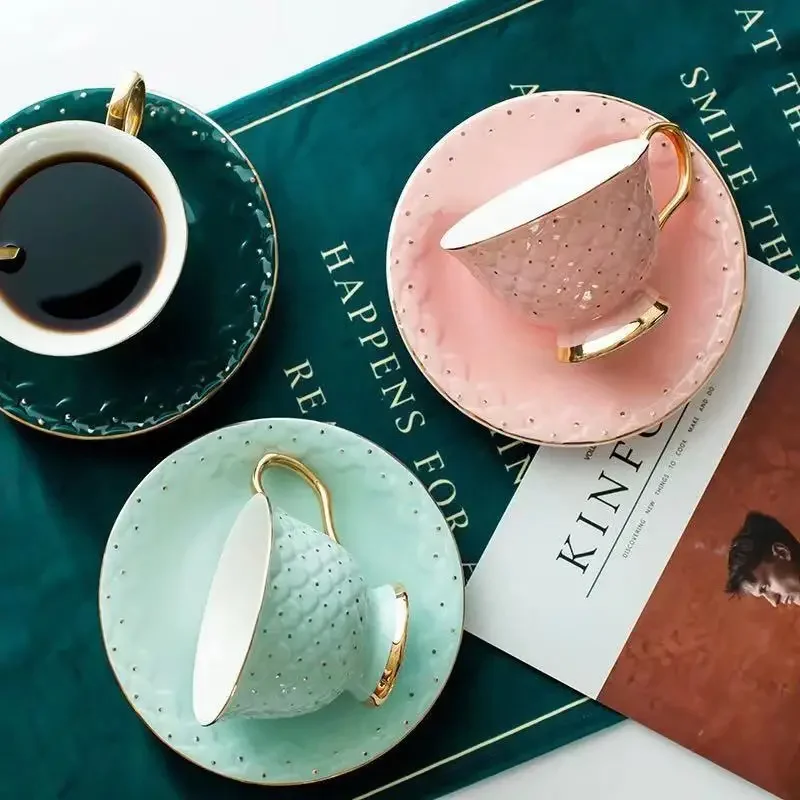 

Europe Mermaid Tail Coffee Tumbler Water Glass Cup Dish Set Cups Peacock Green Bone Porcelain Flower Tea Mug Phnom Penh Mugs