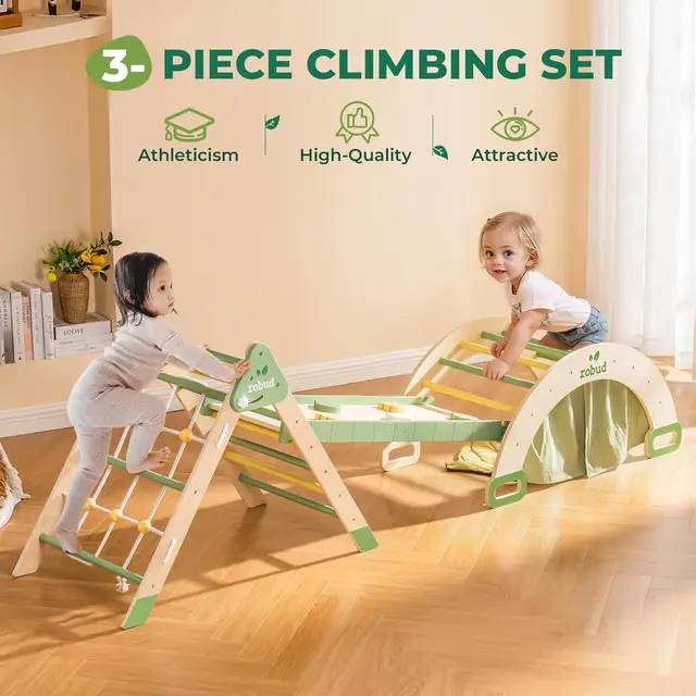 Robotime Robud 7 in 1 Triangle Set Foldable Wooden Climbing Toy Montessori Foldable Climbing Set with Rope Net for Girls Boys