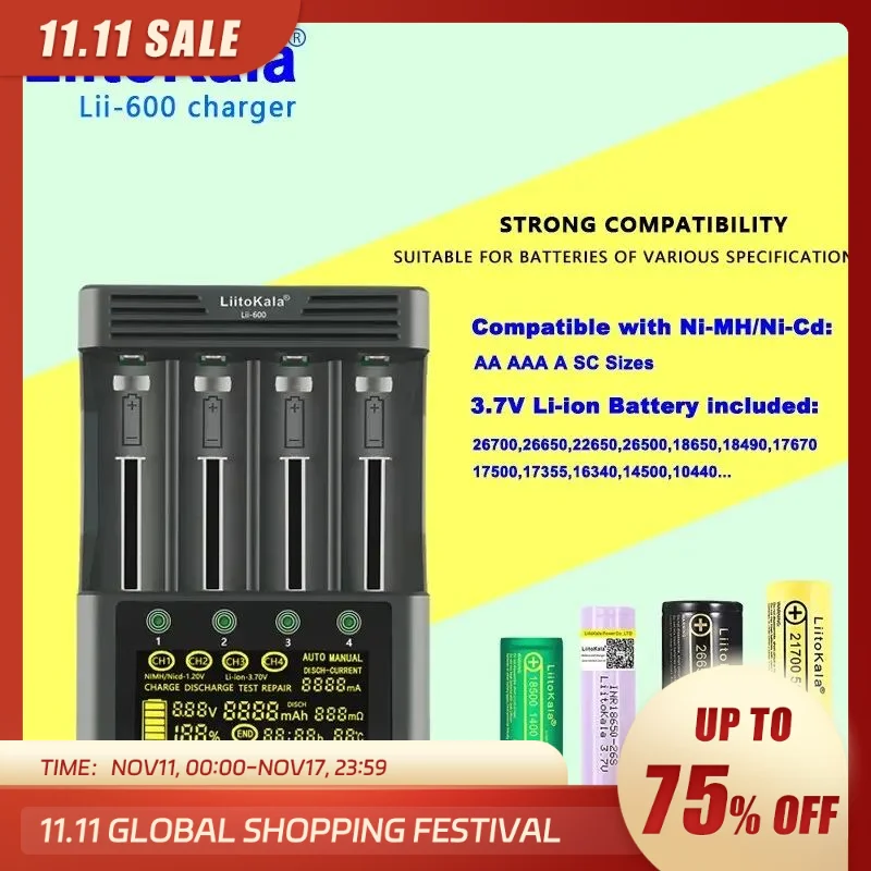 LiitoKala Lii-600 Battery Charger For Li-ion 3.7V and NiMH 1.2V Battery Suitable for 18650 26650 21700 26700 AA AAA 12V5A - AliExpress