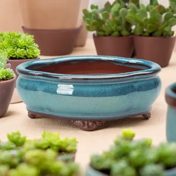 Ceramic Succulent Flower Pot Chinese Style Pottery Bonsai Pots with Drain Hole Purple Sandstone for Desktop Home Decoration