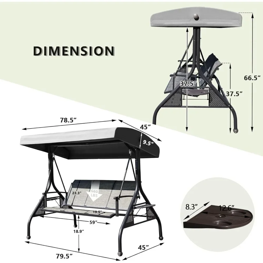 Outdoor Patio Swing with Adjustable Canopy, 3 Seat Outdoor Porch Swing with Cup Holders, Waterproof Textilene Swing Chair 5