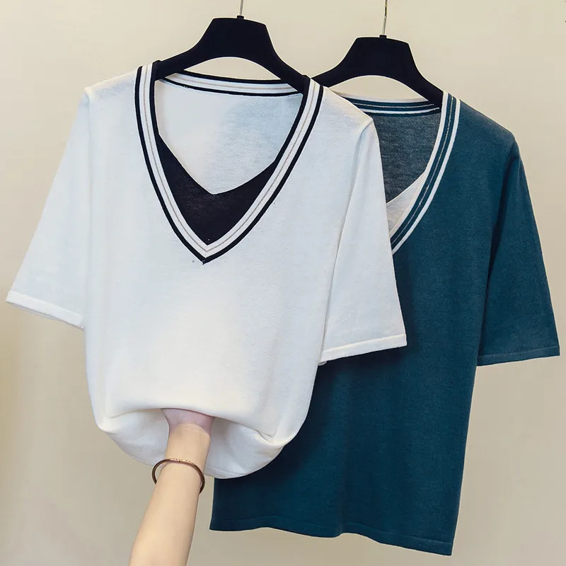 

Oversized women sweater pullover 2023 Summer short sleeve v neck Patchwork fake two kintting T-shirt size jumper 4XL