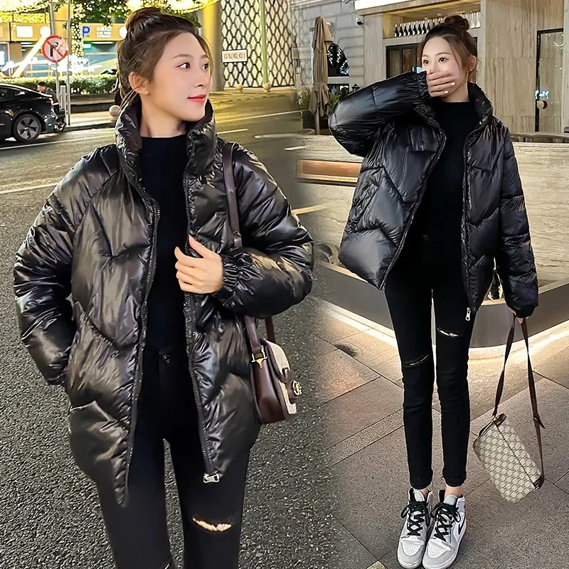 Down Cotton Jacket Collar Winter New Korean Version Loose  Fashionable Versatile Bright Surface Loose Thickened Cotton Jacket Tr