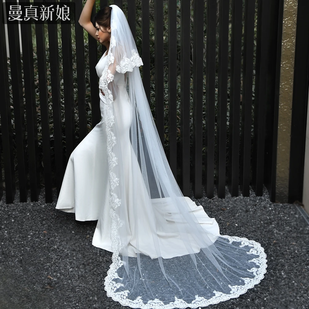 Mmq Bruids Gezichtsbedekking Sluier Dubbele Kanten Rand Lange Sluier Zacht  Met Haarkam Witte Bruids Bruiloft Kathedraal Kanten Sluier 2 Tier M24 -  AliExpress, image size:1000x1000