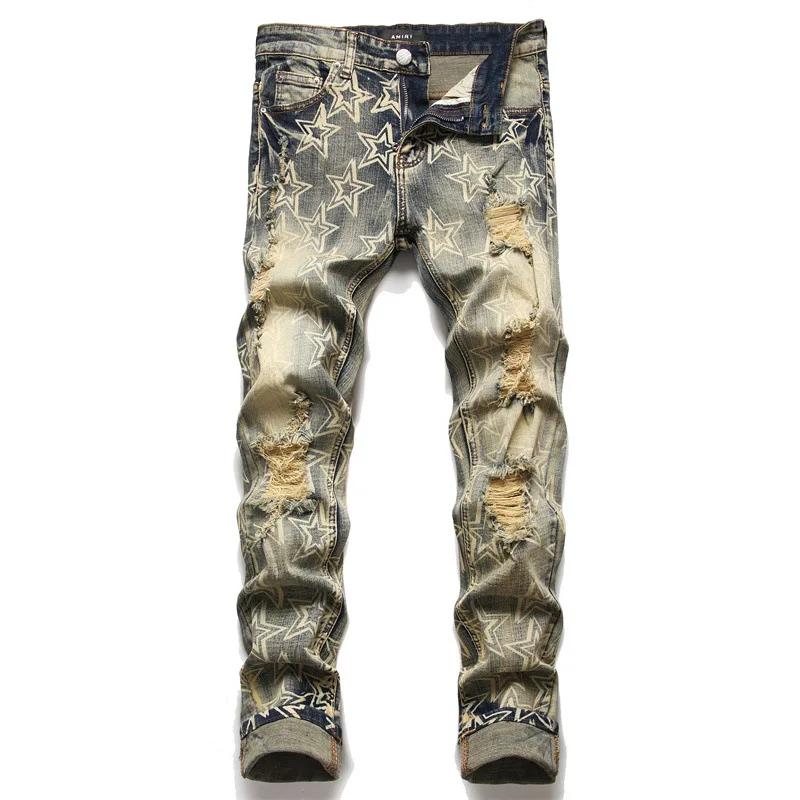 American Retro Printed Jeans Men's Ripped Street Trend Stretch Slim Fit Skinny Pants High-End Motorcycle Men's Clothing