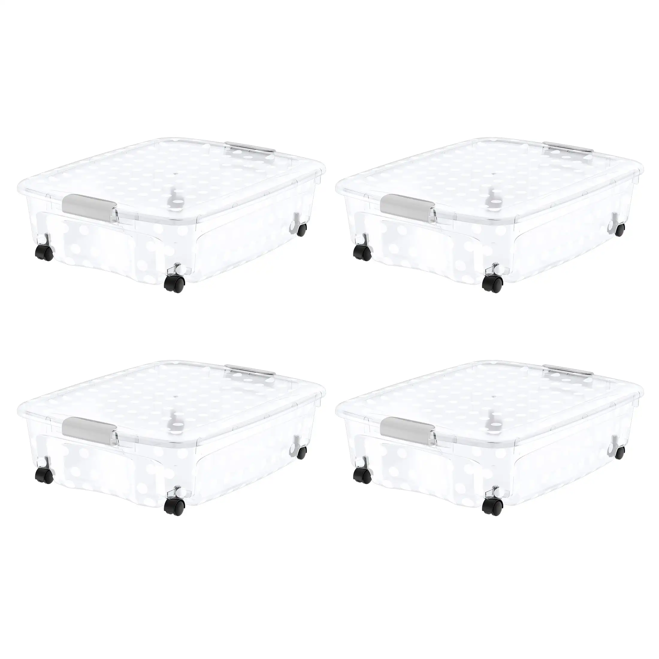 

36.5 Quart Underbed Clear Polka Dot Plastic Latching Lid Tote with 360 Degree Swivel Wheels Set of 4