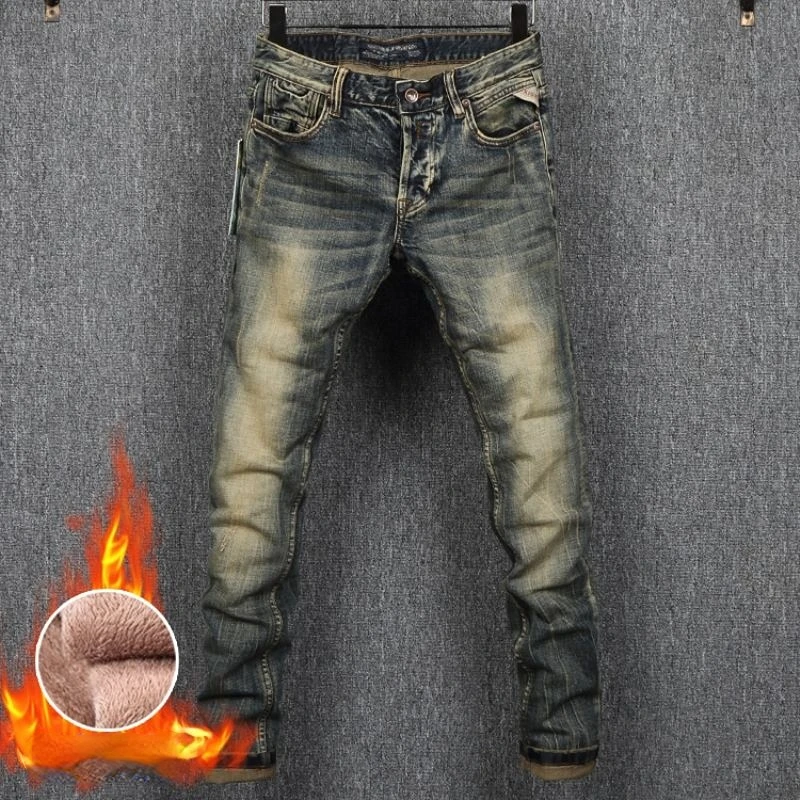MEN FASHION Korean Style Clothes Brushed Fleece Denim Cargo Vintage Winter Straight Slim Luxury Streetwear 90s Trousers for Men
