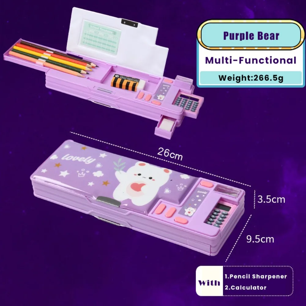 Dual-Sided Fun Mechanism Plastic Pencil Case with Built-In Calculator and Sharpener