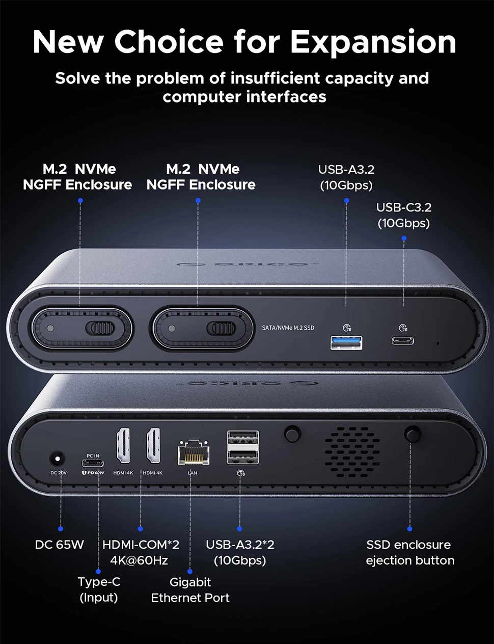 ORICO 2 Bay M.2 SSD External Case USB3.2 Docking Station 10Gbps Type C NVMe SATA Enclosure M2 Hard Drive 4K60Hz Triple Display 3