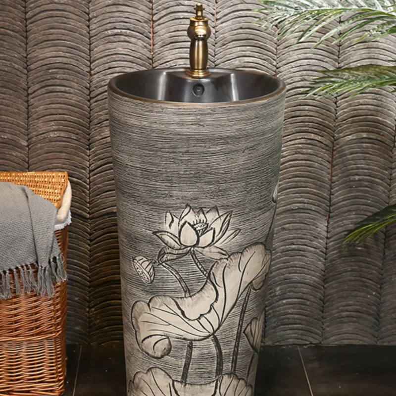 Ceramic column-type washbasin, Chinese-style carving art column, integrated outdoor handwashing basin