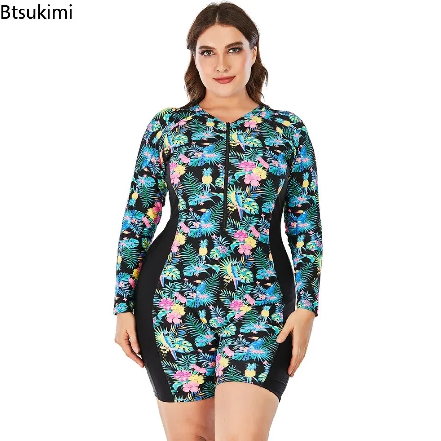 New 2024 Big Size Swimwear Women One Piece Flower Print Long Sleeve Diving Surfing Suits for Ladies Oversized Swimsuit Beachwear