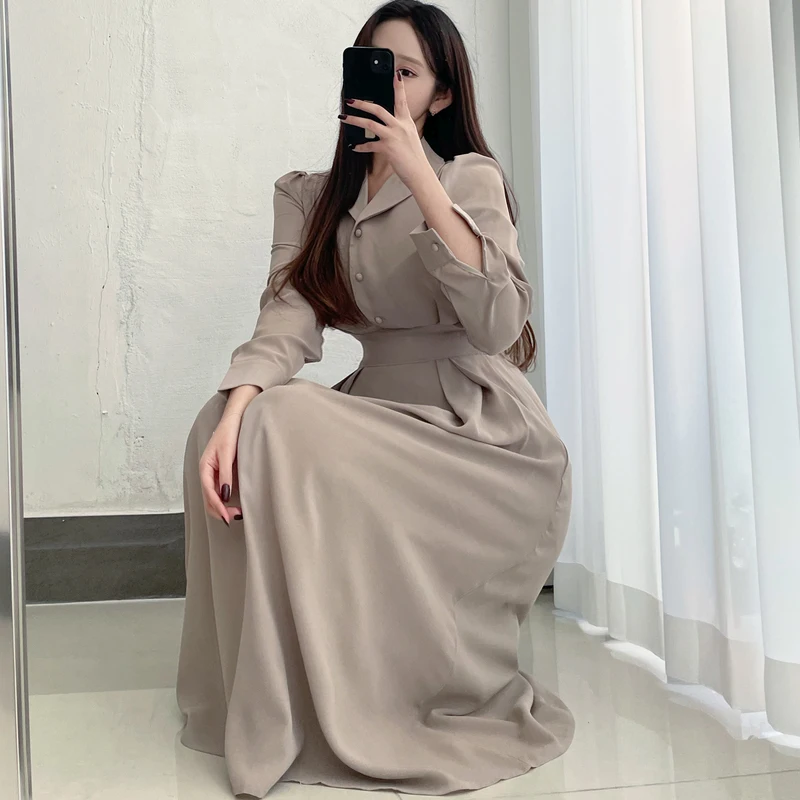

New Korean Fashion Long Dresses Women Chic Lapel Puff Long Sleeve Single Breasted Slim Waist Elegant Dress Spring Vestidos
