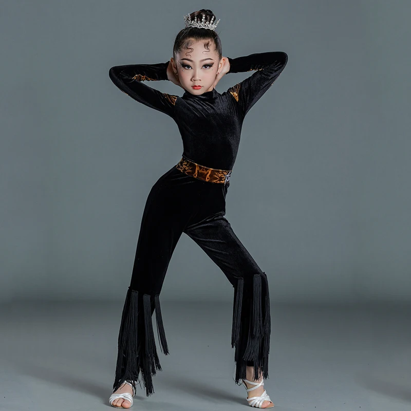 

Children'S Modern Dancing Clothes Black Velvet Latin Top Fringed Pants For Girls Ballroom Dance Competition Costume SL9596