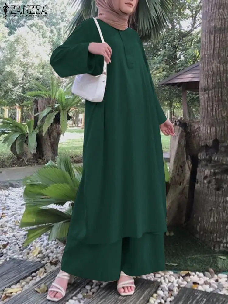 

ZANZEA Muslim Turkey Hijab Suit Elegant Islamic Clothing Long Sleeve Tops Wide Leg Pant 2PCS Casual Urban Tracksuits Oversized