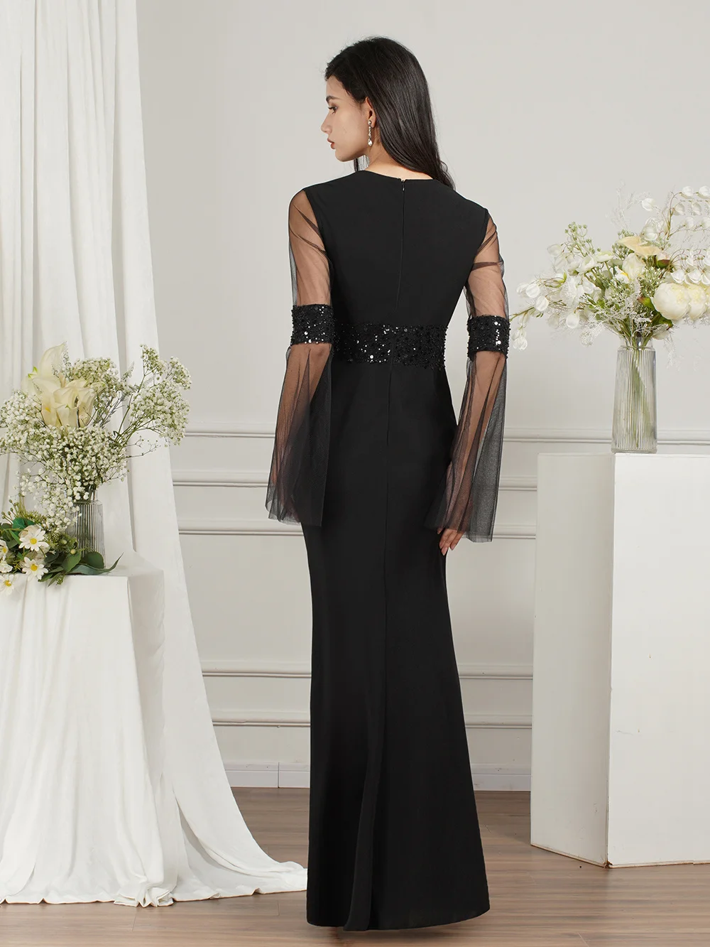 MisShow Flare Long Sleeve Black Mermaid Dress Female Exquisite Beads Sequins Waist Tulle Sleeve Evening Prom Dresses for Women