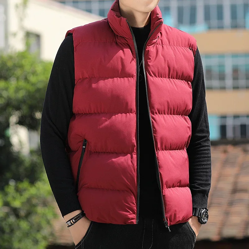 Autumn Winter Men Vest Thick Warm Sleeveless Jacket Stand Collar Zipper Pockets Waistcoat Slim Tops Brand Vests