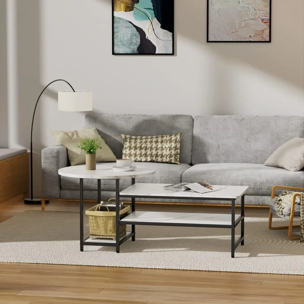 Coffee Table, White Modern Coffee Tables for Living Room, Detachable 2 Small Tables, Faux White Marble coffe table