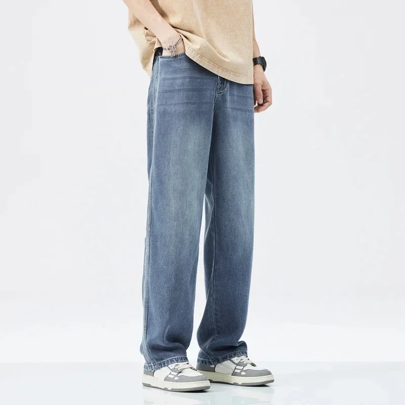 2024 New Soft Lyocell Stretch Jeans Men's Loose Wide Leg Pants Elastic Waist Casual Denim Trousers High Quality Streetwear 3