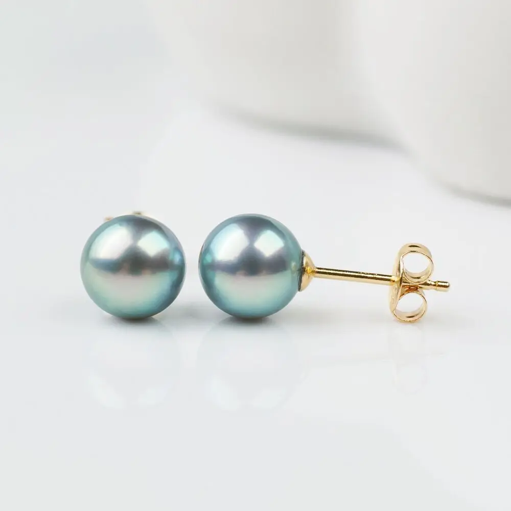 

Silver-blue 7.5mm Round Japanese Akoya Pearl Stud Earrings 14K Yellow Gold