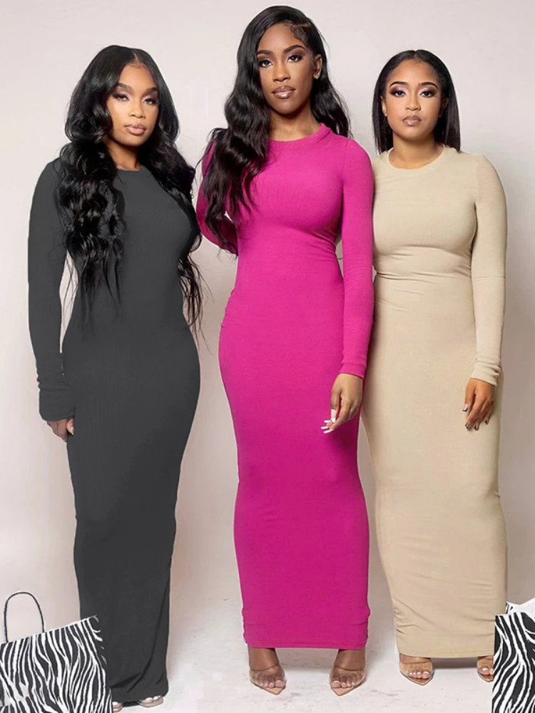 

XIZOU Knitted Bodycon Maxi Dress Black Round Neck Long Sleeve Casual Autumn Winter Dress Elegant Party Evening Dresses for Women