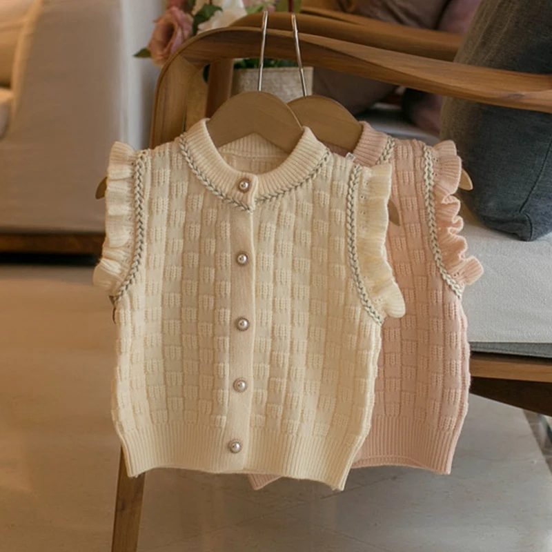 

2023 Autumn Girls Vest Children's Sweater Girls' Knitwear Top Clothing Round Neck Cuff Pleated Plaid Cardigan Versatile Coat