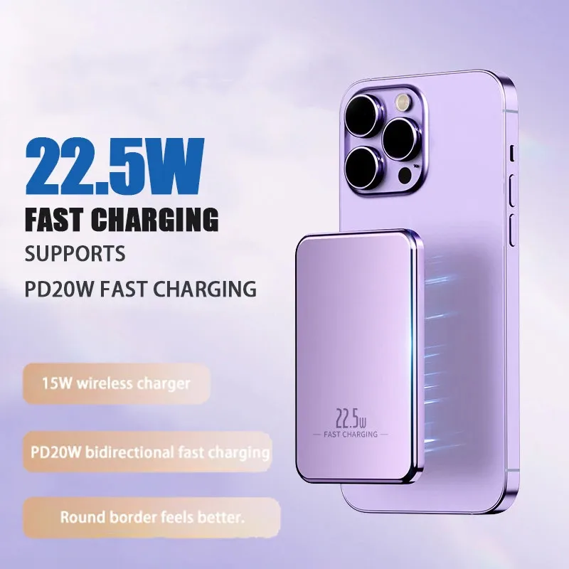 Ultra-Thin Metal Macsafe Powerbank 22.5W Fast Charging External Battery For iphone Portable Charger Magnetic Power Bank