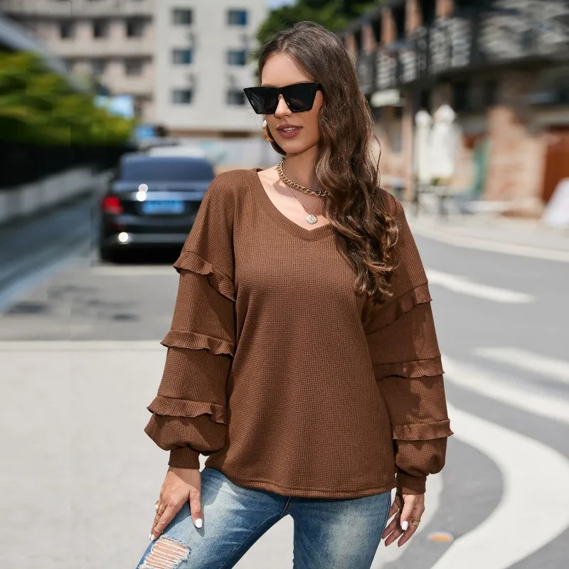 

Women's T-Shirt Elegant Office V-Neck Pleated Bubble Long Sleeve Top T Shirt Autumn Winter Casual Tshirt Fashion Women Clothing