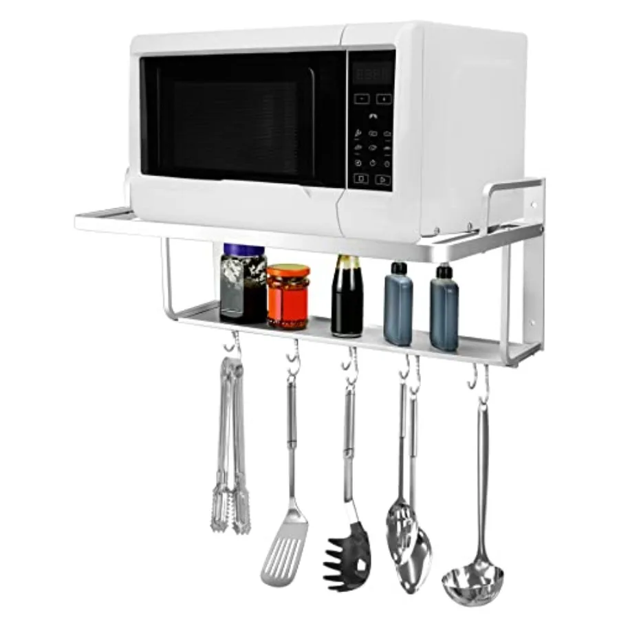 Microwave Oven Rack Shelf Wall Mount Electric Oven Holders Aluminum Double-Layer Microwave and Spice Rack 2 Shelves with 10 Hoo