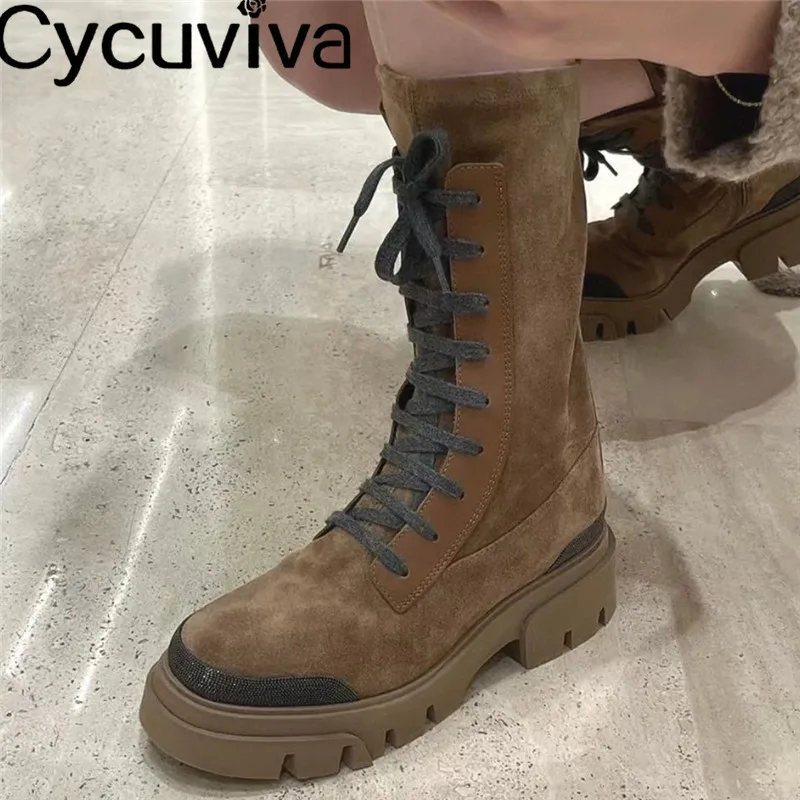 

Thick Sole Lace Up Mid Calf Boots For Women Platform Suede Stretch Motorcycle Boots Winter Designer Shoes Flat Heel Knight Boots