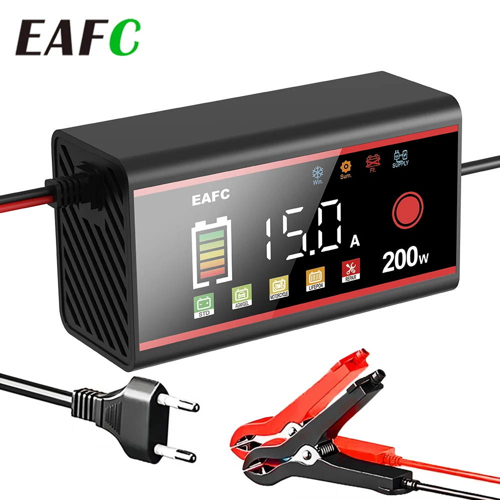 EAFC 200W/100W Automatic Car Battery Charger 12V 15A/8A for Lead-Acid, LiFiPO4, GEL, and AGM Batteries