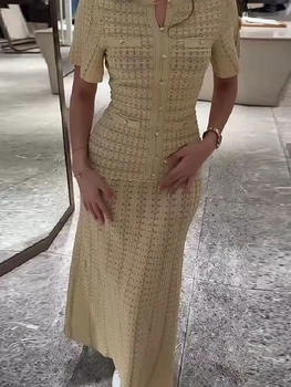 2026 Spring New Fashion Beige Temperament Knit Long Dress Women Elegant O-neck Hollow-out Short Sleeve Slim Robe Ladies 1