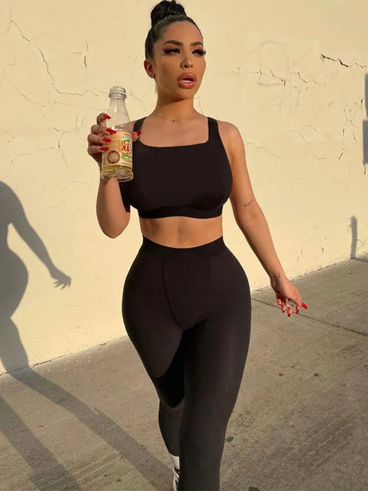 

Summer Casual Sporty Knitting Ribbed 2 Piece Outfits Jogging Sexy O Neck Tank Top + Leggings Bodycon Two Piece Set Tracksuit
