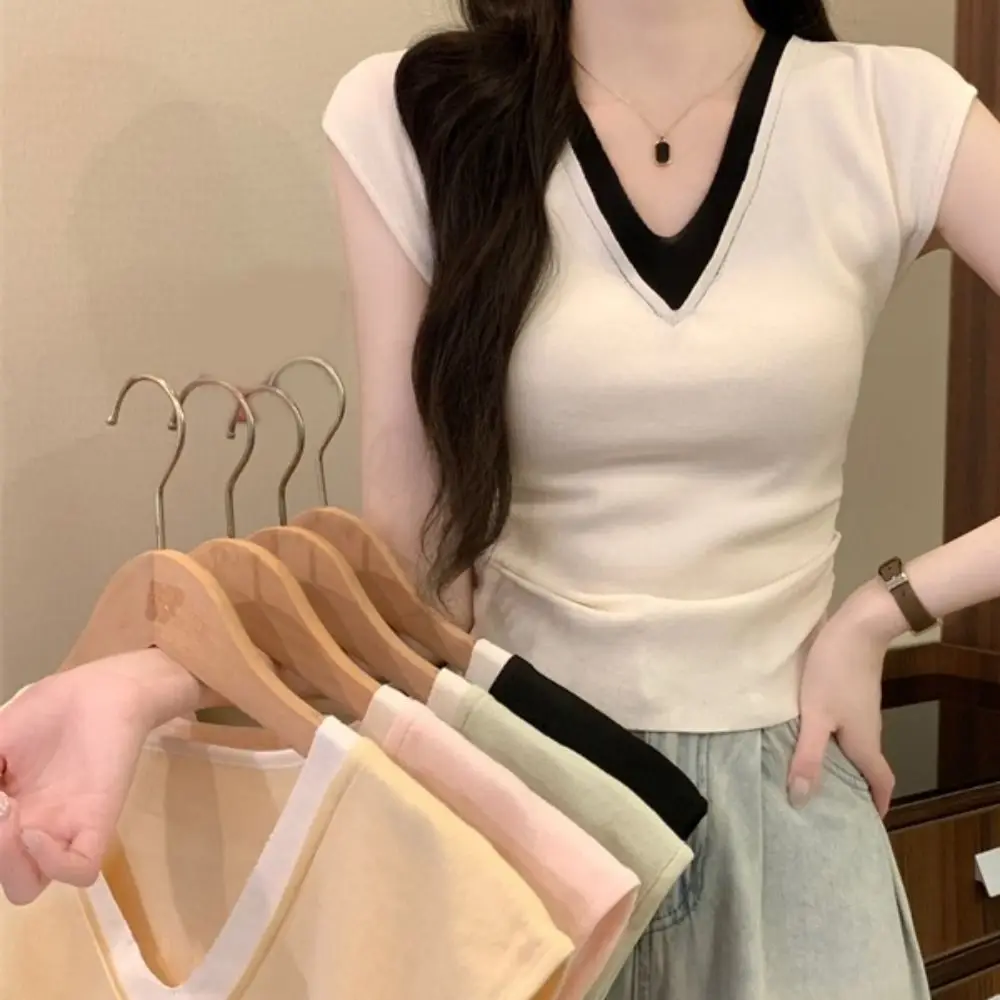 Temperamnet Patchwork Fake Two Pieces T-shirts Short Sleeve V-neck Slim Crop Top Korean Style Sweet Girl's Top Streetwear