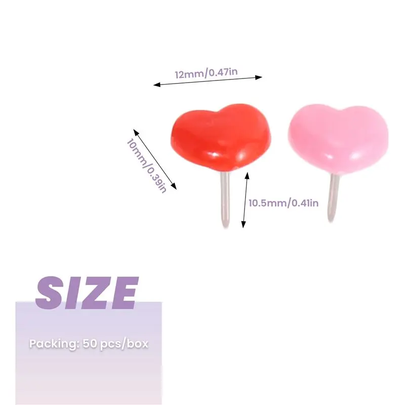 50개 하트 모양 푸시핀, 빨간색 게시판용 압정, 분홍색 귀여운 벽 장 압정, 코르크보드, 가정 및 사무실용