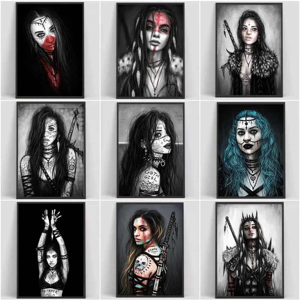

Abstract Gothic Portraits Tattoo Girl Posters and Prints Cool Woman Canvas Painting Wall Art Pictures For Living Room Home Decor