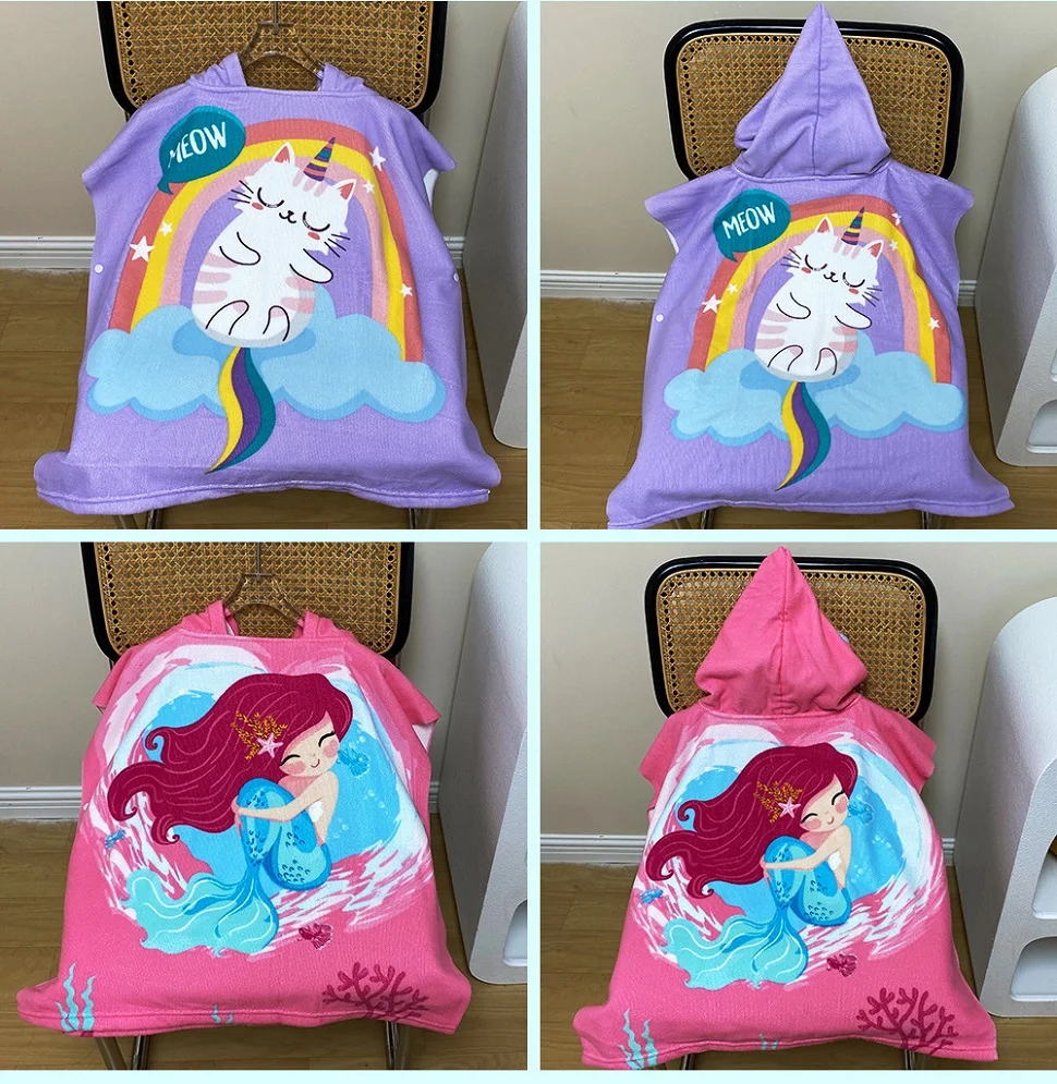 L Size Cotton Bathrobe for Children Large Beach Towels Poncho Surf Quick Dry Microfiber Terry Coth Kids Boy Girl Swimming with Hood
