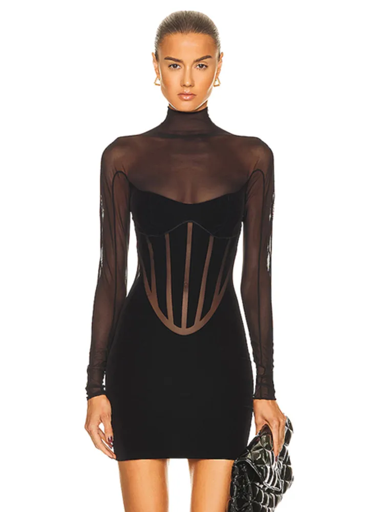 Runway Fashion Women Black Sheer Bandage Patchwork Manica Lunga Dolcevita Aderente Mini Abito Celebrity Evening Club Party Gowns