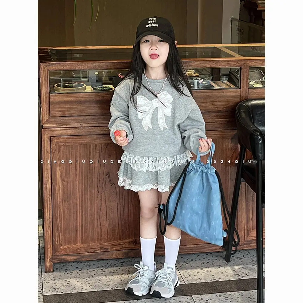 Spring Autumn Korean Kids Girls 2PCS Clothes Set Stylish Bow Sweatshirt Cotton Lace Skirt Suit Childrens Girls Outfits kids clothing set girls clothing set kids sweatshirt set