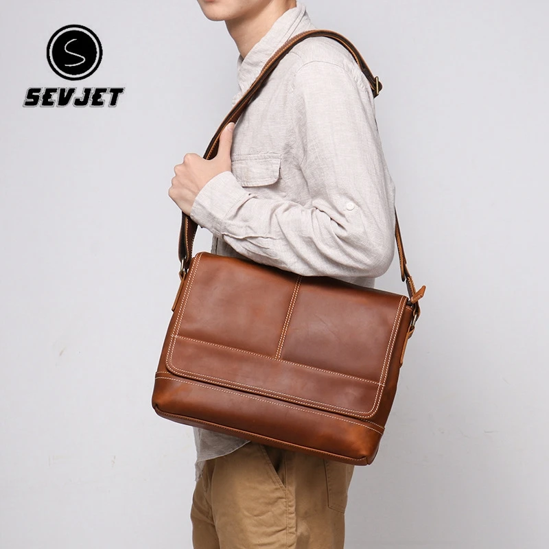 Genuine Leather Men Shoulder Crossbody Bags Vintage Ipad Handbags For Male Hasp Zipper Messenger Tote Flap Clutch Purse JYG643