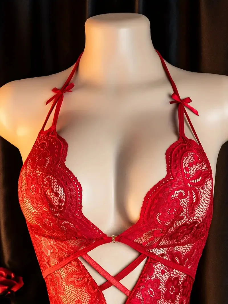 HeartCaptor Women Red V-neck Transparent Teddy Bodysuit Lace Lingerie Nightwear - Details 5